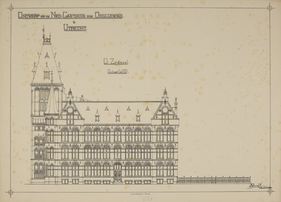 217253 Opstand van de oostelijke zijgevel van het Ooglijdersgasthuis (F.C. Dondersstraat 49) te Utrecht.N.B. Het adres ...
